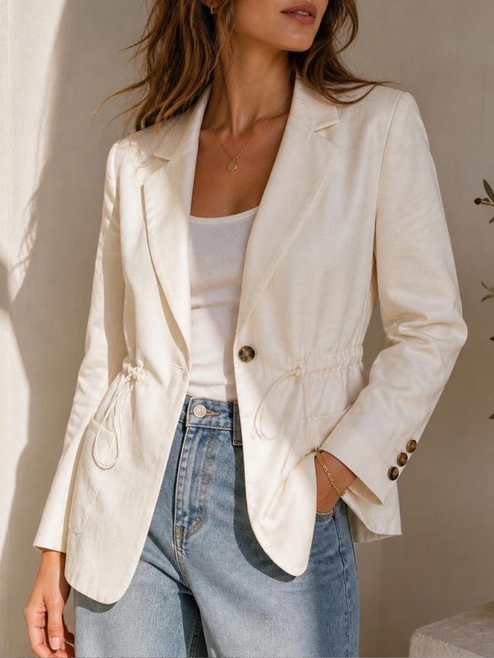 Women's Cream Drawstring-Waist Blazer Jacket